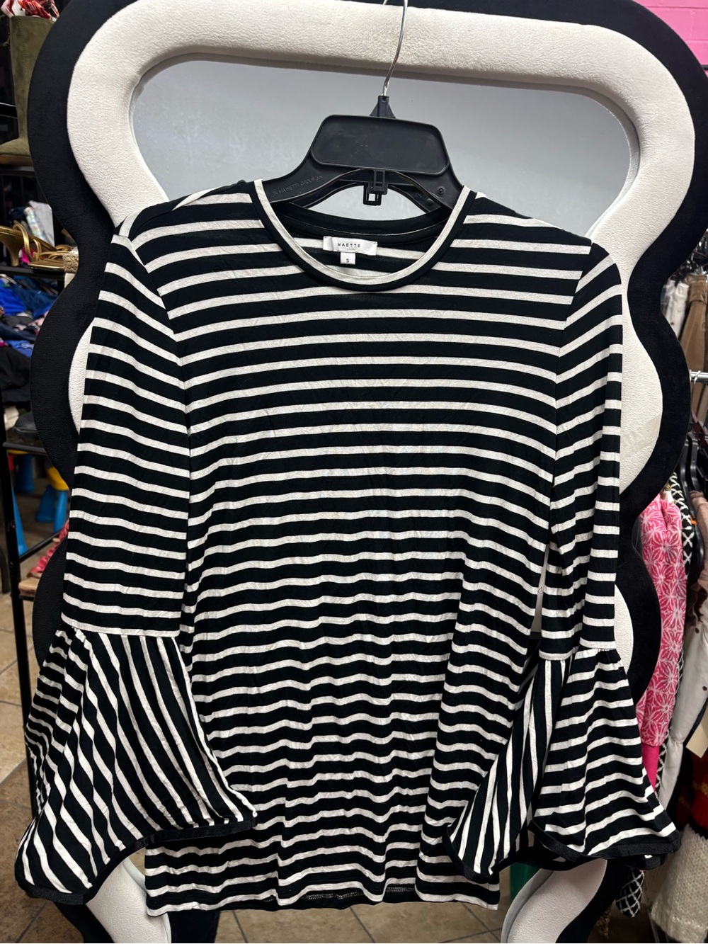 MAETTE Striped Bell-Sleeve Crewneck Top - Black/White